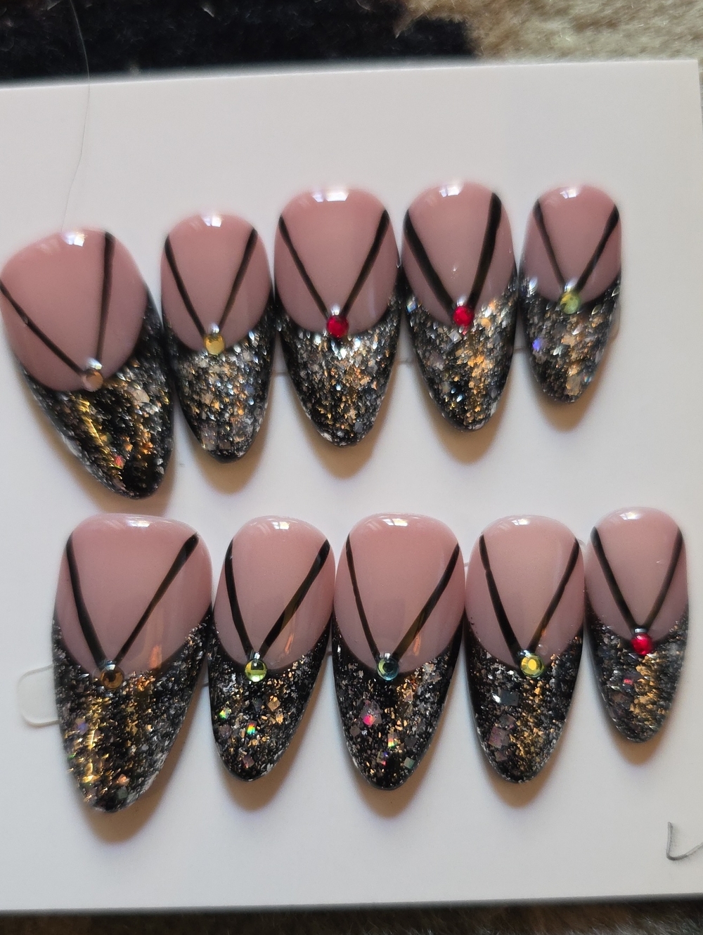 Silver Glitter Press-On Nails with Black Accent Size Large